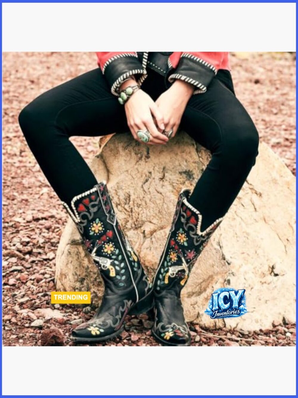 Women's Embroidered Cowgirl Boots - Knee High Chunky Heel Faux Leather Pull On - Picture 3 of 7